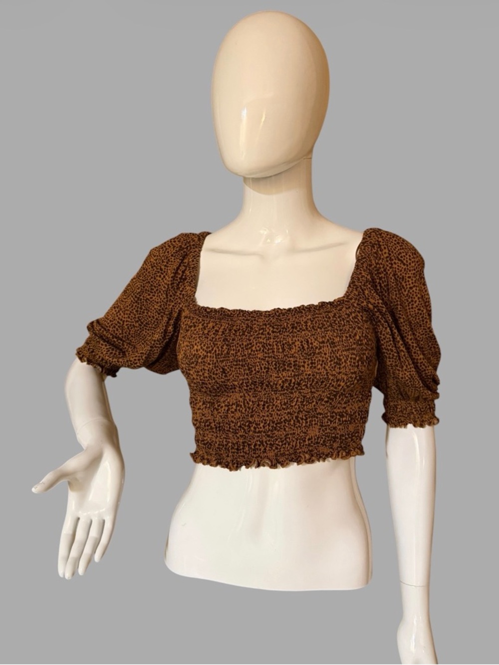 Urban Outfitters sz Sp Brown Smocked Square-Neck Crop Top with Puff Sleeves